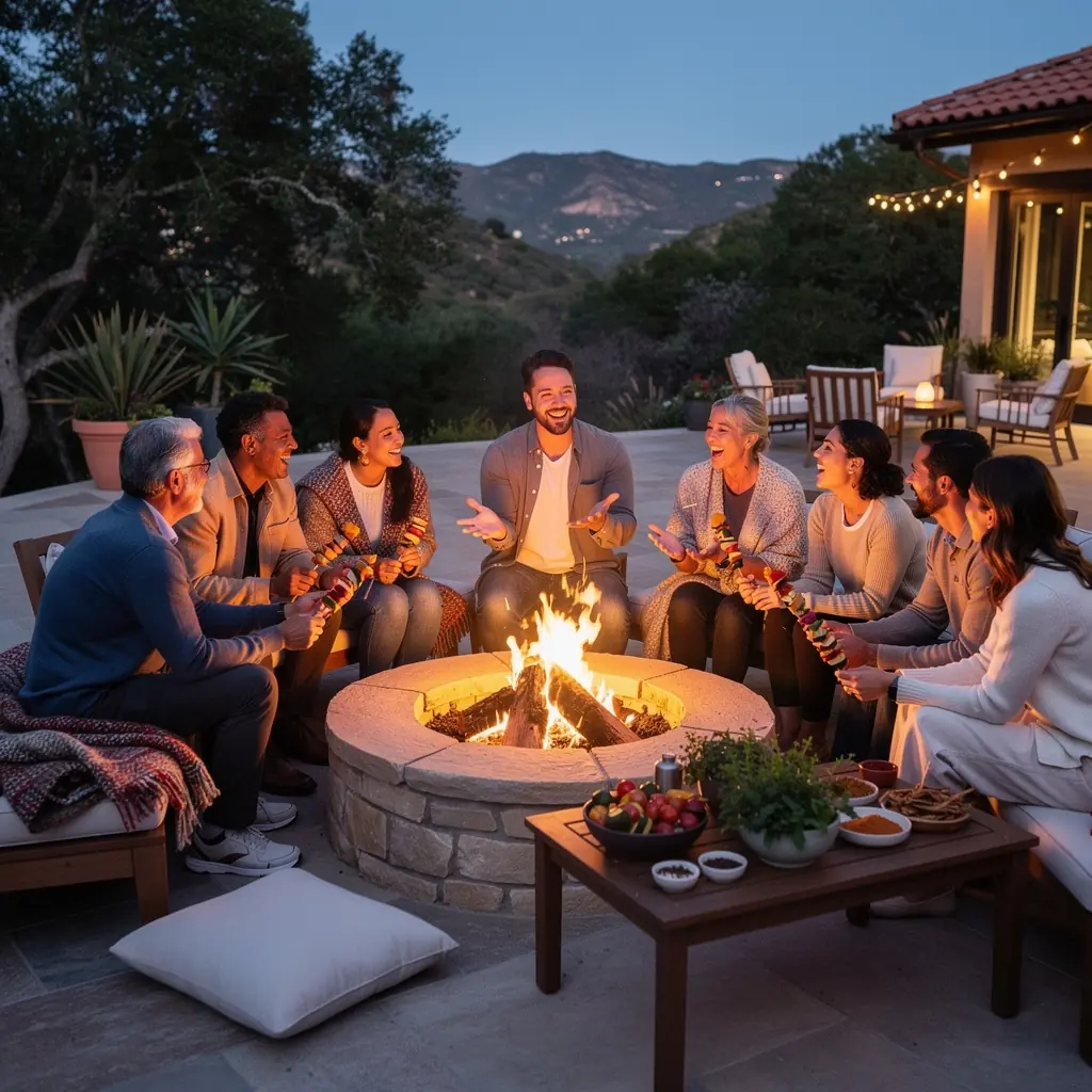 Praticantes de yoga desfrutando de uma sessão ao ar livre rodeados pela natureza.